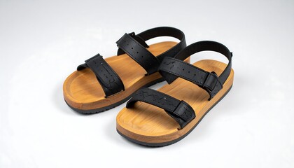 Stylish black leather sandals with light brown wooden platforms are presented against a bright white background.