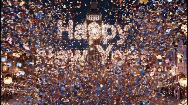 Animated New Year's Eve celebration with a clock tower at midnight. A burst of confetti reveals a glittering "Happy New Year" message. Festive holiday greeting animation
