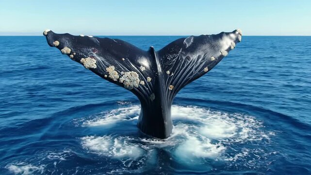 A stunning humpback whale tail rises from the ocean, creating splashes as it dives beneath the surface. Sunlight sparkles on the water, capturing the beauty of nature in motion.