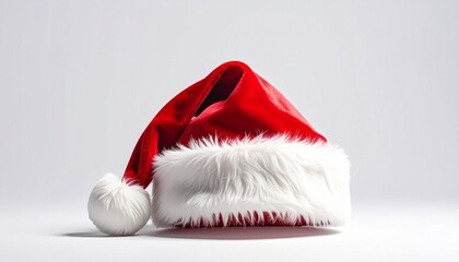 Red Santa Hat with White Trim and Pom-Pom on White Background