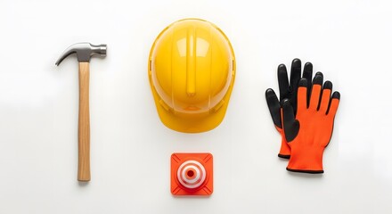 Construction safety gear and tools yellow hard hat, hammer, orange gloves, and traffic cone, displayed on a white background, symbolizing protection and readiness