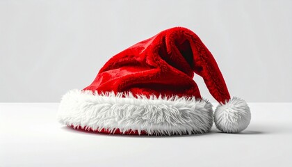 Red Santa Hat with White Trim and Pom-Pom on White Background