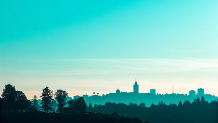 Naklejka premium A serene city skyline bathes in dawn light, with soft mist hovering over the trees and buildings. The silhouettes create a calming landscape that welcomes the day