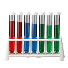 Six test tubes filled with different colored liquids in a white rack against a black backdrop