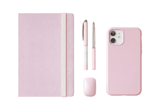 Overhead shot of pink stationery and phone notebook, pens, eraser, and smartphone - Powered by Adobe