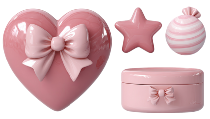 Pink glossy 3D rendered objects a heart with bow, star, candy, and gift box