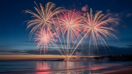 Spectacular Fourth of July fireworks illuminate the twilight sky over a calm ocean horizon reflecting the dazzling display of vibrant colors and light creating a magical celebration