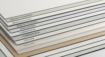 A fanned out collection of various paper and cardstock samples showing different textures finishes and weights for printing
