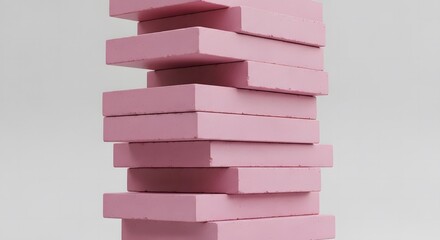 A stack of pink wooden blocks, forming a tower, presented in a close-up, studio shot against a neutral background