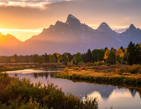 Scenic landscape of mountains, river, and trees bathed in golden light - Powered by Adobe