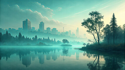 Fototapeta premium Morning fog envelops a tranquil lake, creating a mirror-like reflection of the city skyline. Towering skyscrapers stand against a backdrop of distant mountains and lush trees