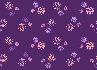 Seamless floral pattern with stylized flowers in shades of pink and purple on a deep violet background. Elegant and decorative design perfect for textile, packaging, or wallpaper use.