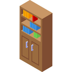 Isometric Wooden Bookshelf With Colorful Books And Closed Cabinet Doors In A Simple Design With A Transparent Background