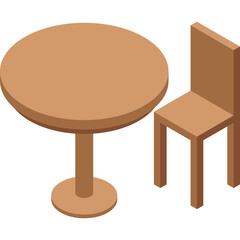 Isometric Wooden Round Table and Square Chair Set on Transparent Background Isolated Simple Furniture Collection for Design