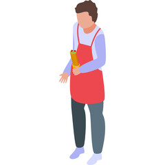 Isometric young man wearing red apron holding a yellow tube with red top and blue shirt light grey pants and white socks isolated on white background clean vector illustration