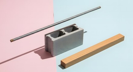 Conceptual still life featuring a concrete block, steel reinforcing bar, and a wooden beam, symbolizing the core components of modern architecture