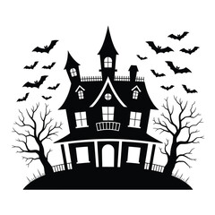 Spooky haunted mansion silhouette with bats and bare trees