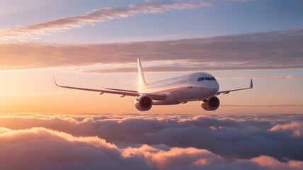 Passenger airplane flying gracefully above fluffy clouds during a breathtaking sunset casting warm golden and pink hues across the vast sky