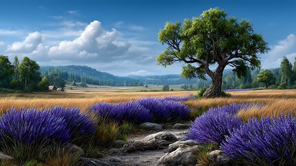 A wide expanse of lavender fields in full bloom, under a clear blue sky with a few clouds. 