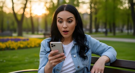 Astonished young woman with dark hair looks at her smartphone with wide eyes, shocked by unexpected news while sitting on a park bench at sunset