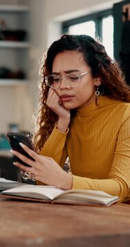 Woman, stress or scroll with phone in home for bad news, negative social media comment or online gossip. Person, reading or concerned in house with tech for cyberbullying, mobile app scam or problem.