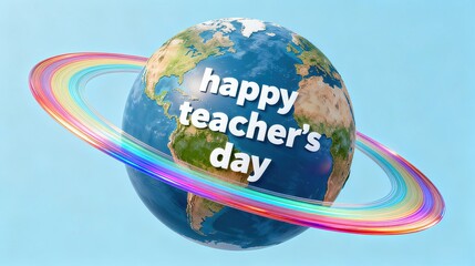 Detailed Globe with Colorful Rings and Festive Text, Isolated on Light Blue Background for Celebration