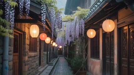 Enchanting Wisteria Blooms Drape Over a Serene Ancient Alleyway Illuminated by Traditional Paper Lanterns Creating a Mystical Ambiance