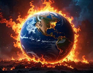 Planet Earth engulfed in flames, symbolizing climate change and global disaster