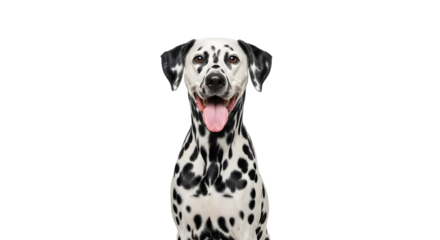 Close-up portrait of a happy Dalmatian dog with its tongue out on a white background