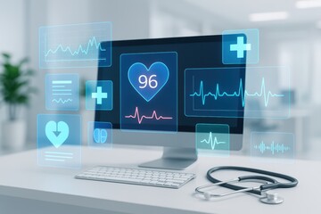 Modern Medical Monitor: A high-tech medical monitor, with a stethoscope, displaying vital health metrics in a clean, modern setting, symbolizing the forefront of healthcare innovation.
