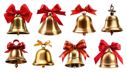 PNG Golden bells with red bows, element set on transparent background