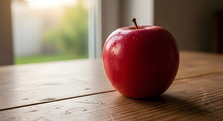 Close up of a single red apple on a wooden table by a window