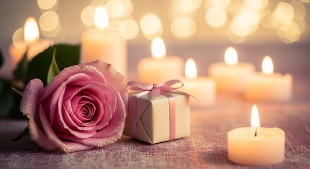Romantic gift with pink rose and burning candles, love and celebration concept