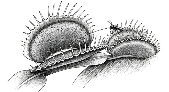 Intricate Cross-Hatch Illustration of a Venus Flytrap's Mechanism