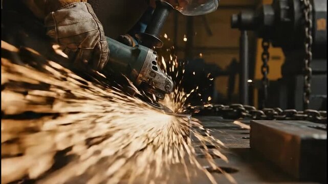 A worker grinds metal with an angle grinder creating a shower of sparks. Close-up of industrial fabrication in a workshop. Manual labor and craftsmanship concept