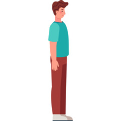 A full body profile view of a young man wearing a teal t-shirt and maroon pants standing on a white background with a transparent background isolated illustration