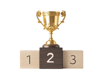 A golden trophy sits atop a winner's podium with numbers 1, 2, and 3 displayed