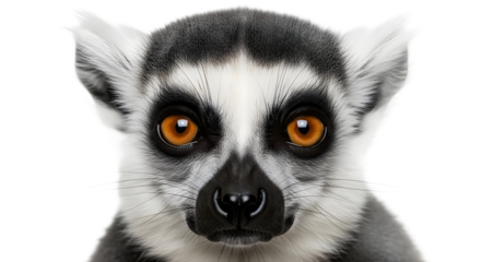Close-up portrait of a ring-tailed lemur with large, captivating eyes against a clean white background
