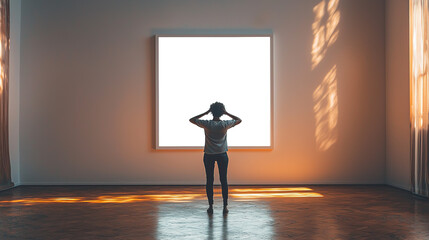 Mujer frente a un gran marco en blanco en una exposicion