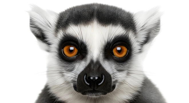 Close-up portrait of a ring-tailed lemur with large, captivating eyes against a clean white background