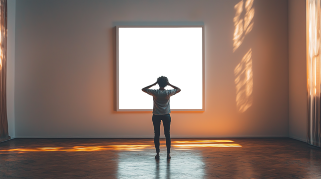 Mujer frente a un gran marco en blanco en una exposicion