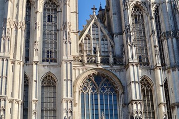 Cathedral of Our Lady, Antwerp, Belgium, looking up at the historic gothic architecture and intricate detailing of the facade. Antwerp, Belgium