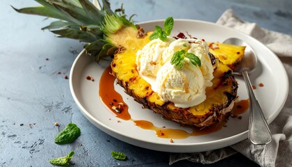 Grilled Pineapple Dessert with Ice Cream and Caramel Sauce.