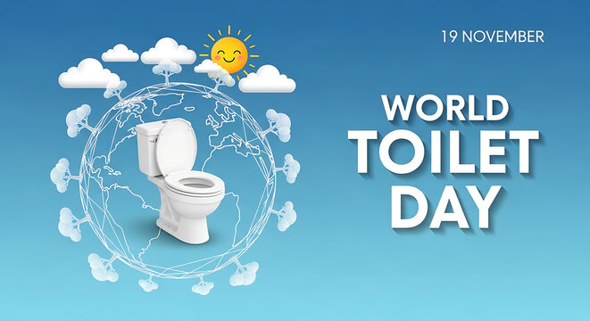 World toilet day celebration with a smiling toilet and sun in a digital globe