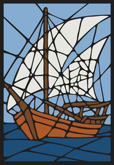 A meticulously drawn sailboat with white sails &ndash; an artistic nautical scene above the blue waters and sky, ideal for educational materials and cultural interior design.