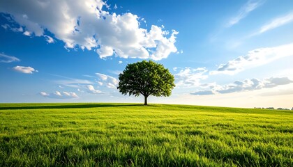 A solitary tree stands sentinel on a rolling green field under a vibrant blue sky filled with fluffy white clouds.