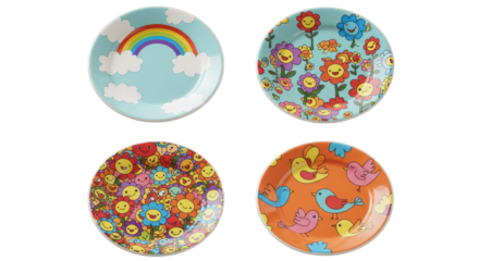 Colorful ceramic plates with playful rainbow, smiling flowers, and bird designs, perfect for kids’ parties and casual dining