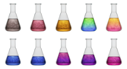 Colorful chemical solutions in laboratory glass Erlenmeyer flasks set isolated on white background, perfect for science experiments and education