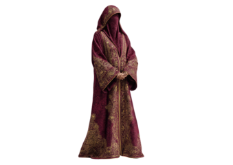 A figure stands cloaked in burgundy and gold robes with a hooded face covering