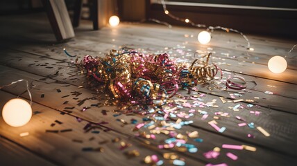A scattering of colorful confetti and shiny streamers lies on a wooden floor with soft glowing string lights creating a festive atmosphere for a celebration or party event